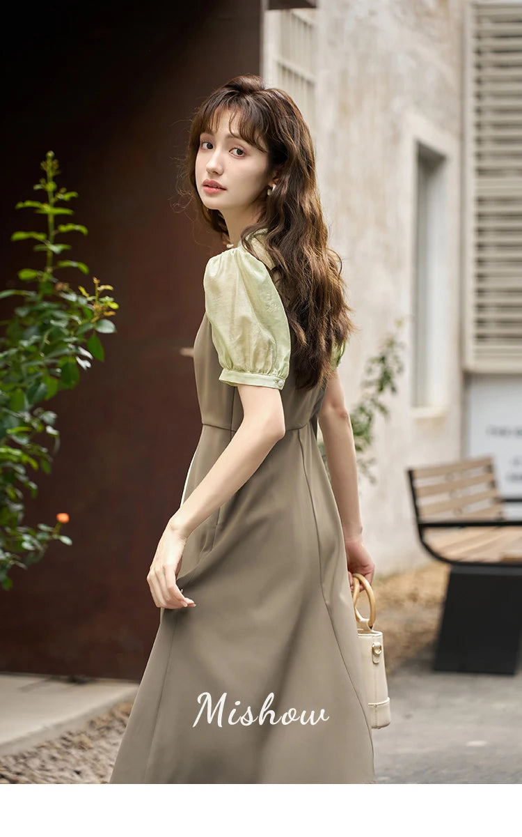 MISHOW Chinese Style Dress for Women 2023 Summer Waist Puff Sleeve Patchwork Fake Two Pieces French Slim Long DressES MXC35L1354