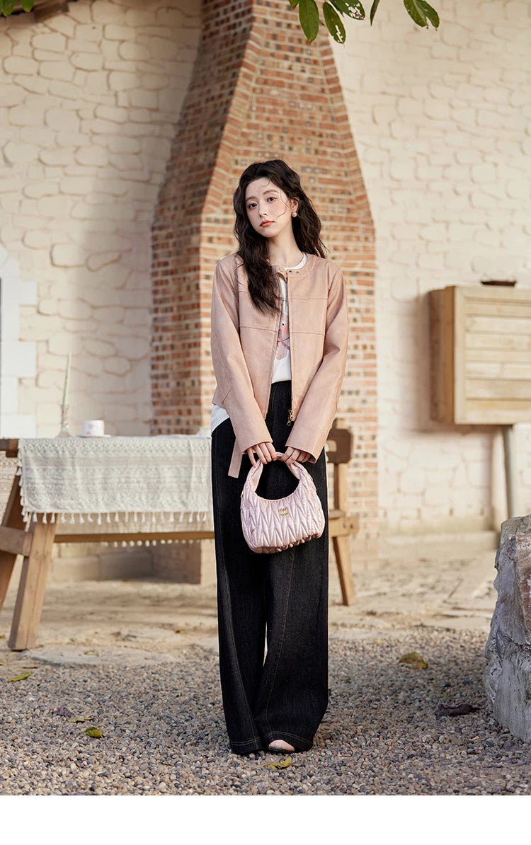 MISHOW Fashion Pink Leather Jacket Women's Spring 2025 New Shoulder Long Sleeved Slim Fit Leisure Tops Coat Female MXE11W0714