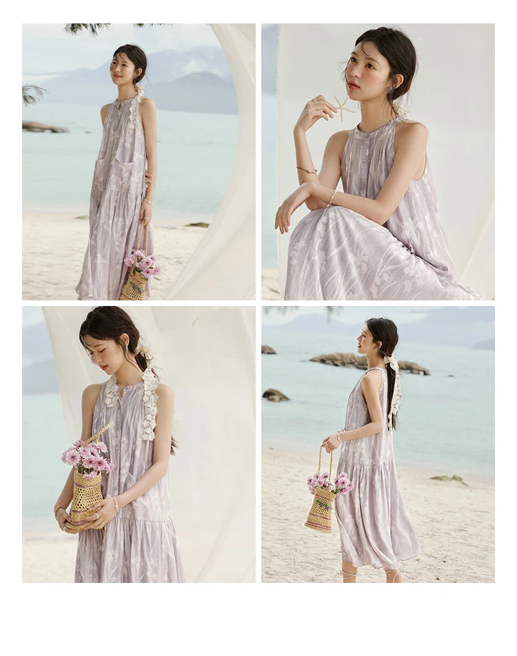 MISHOW Purple Print Chiffon Holiday Dress Women 2025 Summer Sleeveless Stand Collar Slim Dresses Woman New Fashion MXE32L2163