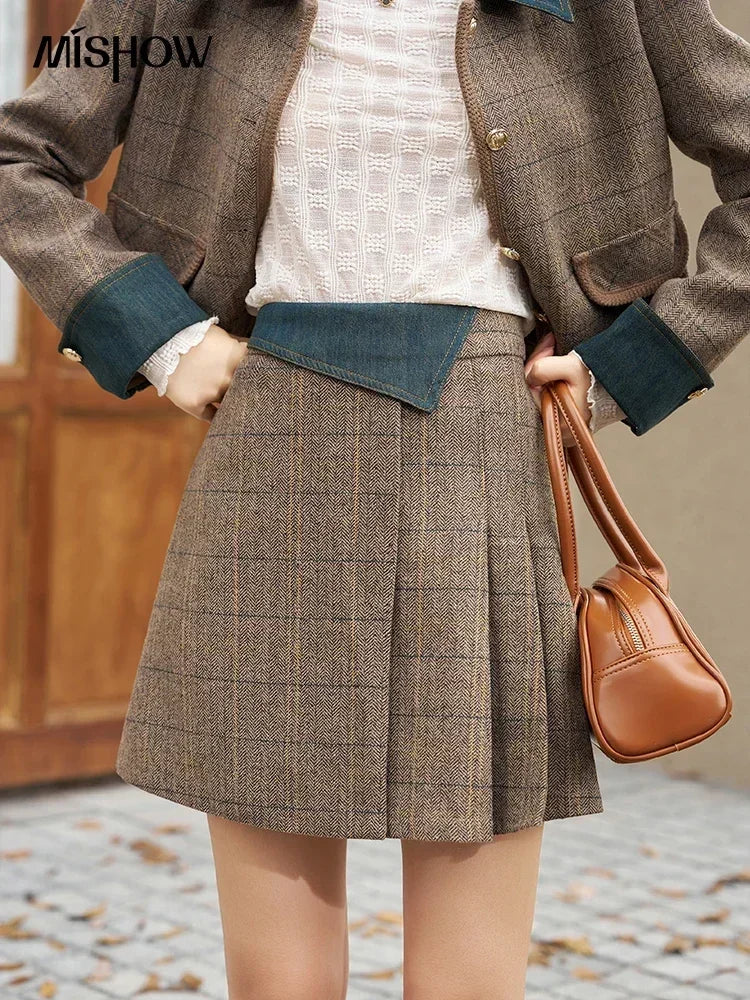 MISHOW Fashion Retro Plaid Coat Half pleated Skirt Separately 2024 Autumn Wool Jacket Retro Skirt Office Lady MXC47W0154