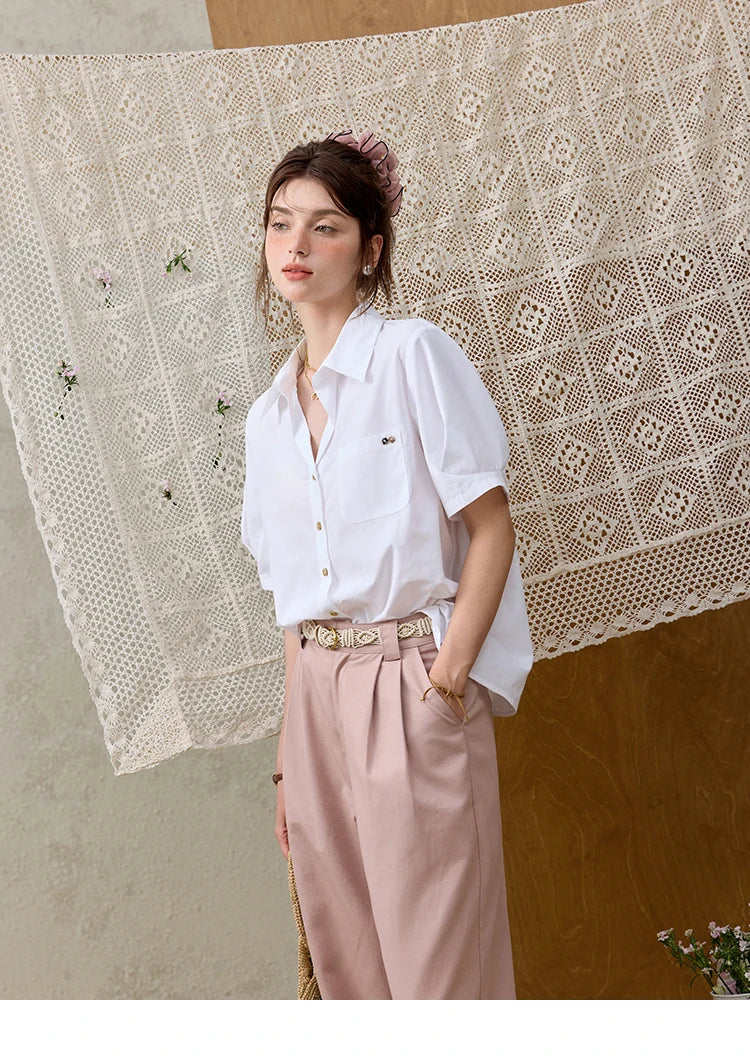 MISHOW New French Summer Shirts for Women New 2025 Short Sleeve Turn-down Collar Solid Slimming Blouses Lady Gentle MXE33C0778