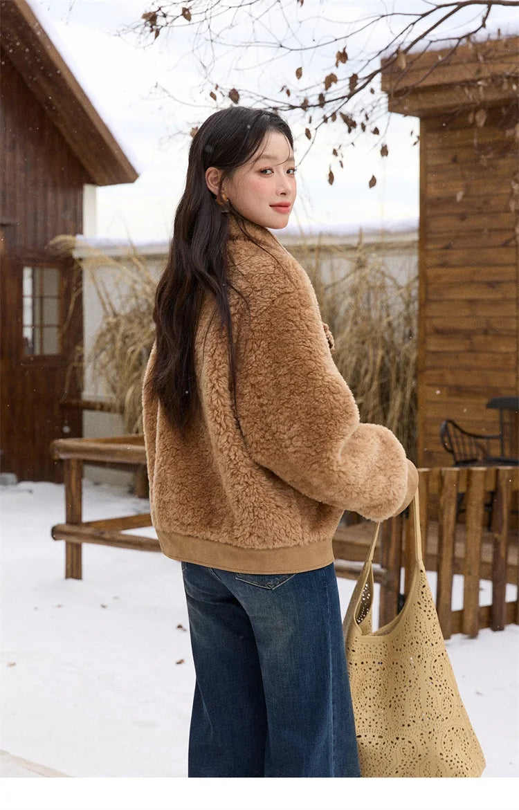 MISHOW Faux Lambskin Coat Women 2025 Winter Retro Turn-down Collar Brown Coat Office Lady Loose Warm Casual Jackets MXE89W0896