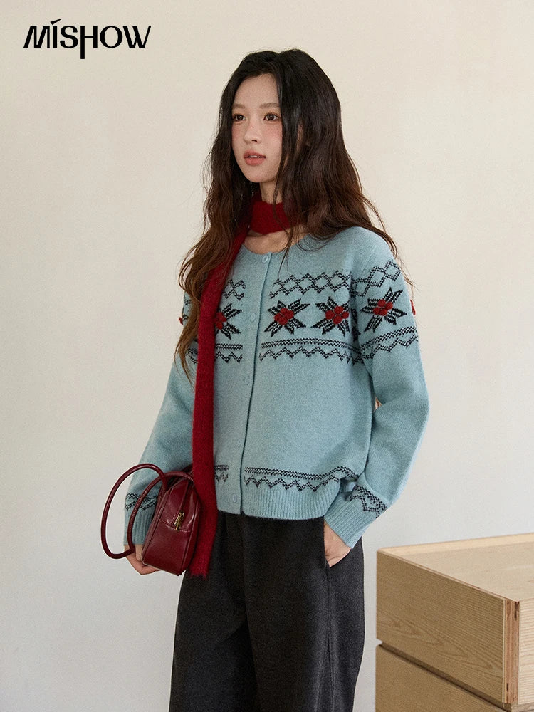 MISHOW Women's Geometric Jacquard Fair Isle Sweater 2025 Winter Retro Blue O-Neck Single-breasted Commuter Cardigan MXE86Z2734