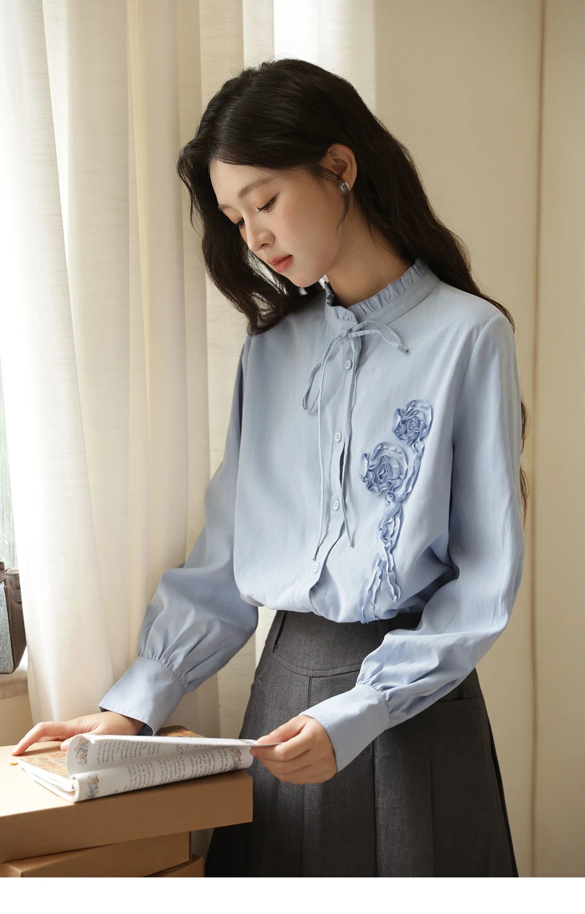 MISHOW Coiled Flowers Embroidered Blue Shirt for Women Autumn 2025 Stand Neck Lace-up Brushed Shirts Office Lady MXE44C2398
