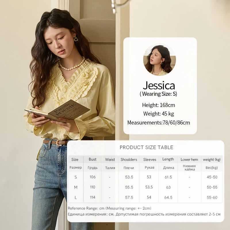 MISHOW Hand Sewn Rose Blouse for Women Autumn 2025 V-neck Edible Tree Fungus Edge Tops Sweet Lantern Sleeves Blouses MXE44X2470