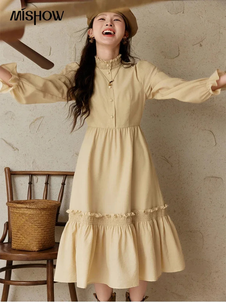 MISHOW French Stand Neck Elasticity Dress 2024 Autumn Waist Elegant A-line Dresses Elastic Lotus Leaf Sleeves Dress MPD42L2036