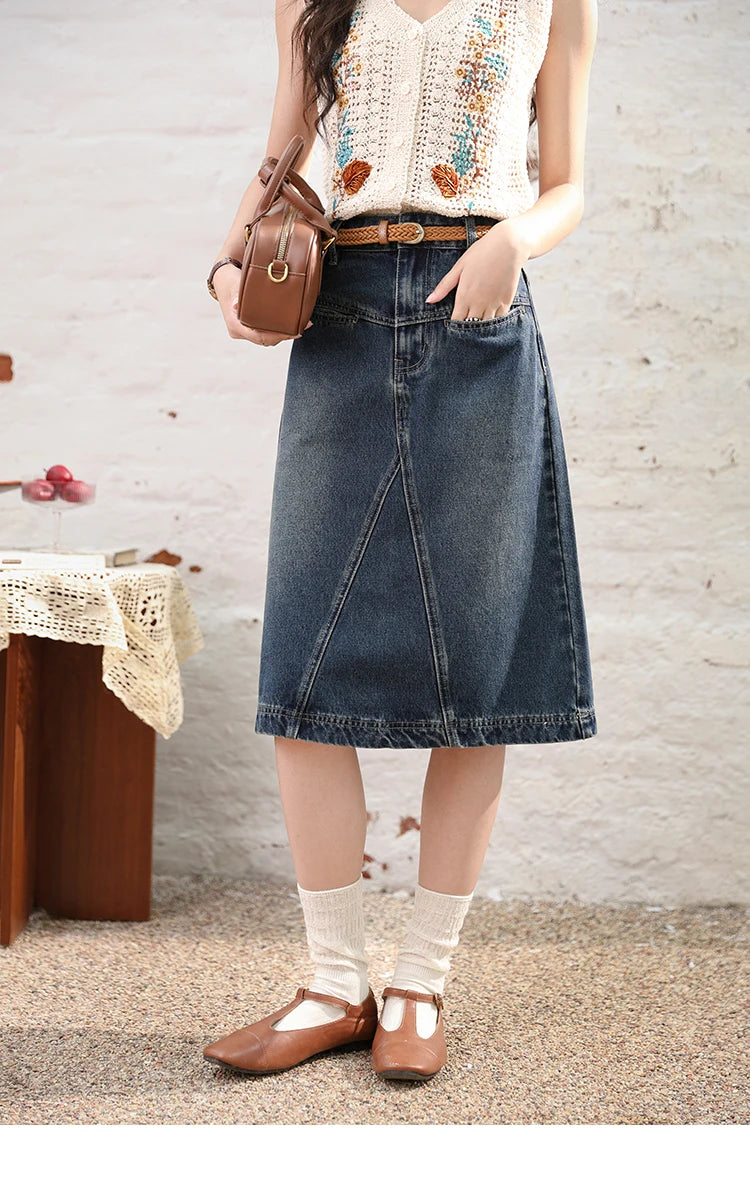 MISHOW Denim Fishtail Skirt 2024 Summer Retro Casual Love Embroidered Pockets Skirt A-line Umbrella Knee-Length Skirt MXD28B0414
