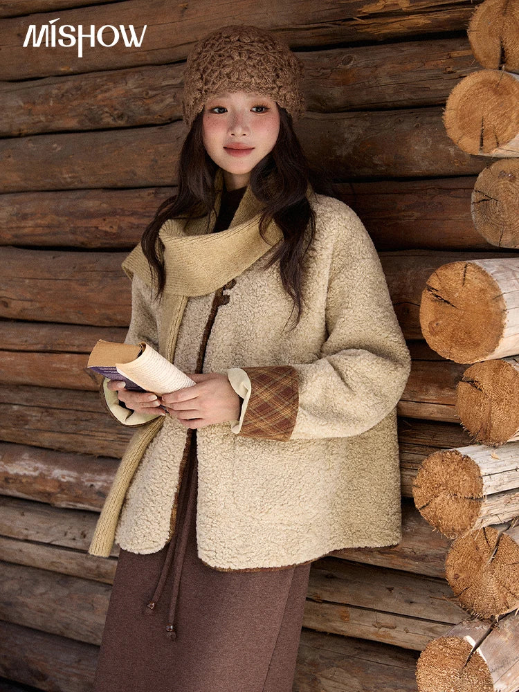 MISHOW Woman Plaid Patchwork Lamb Wool Coat 2025 Winter Round Neck Coat Commute Warm Loose Jacket (Without A Scarf)MXE90W0923