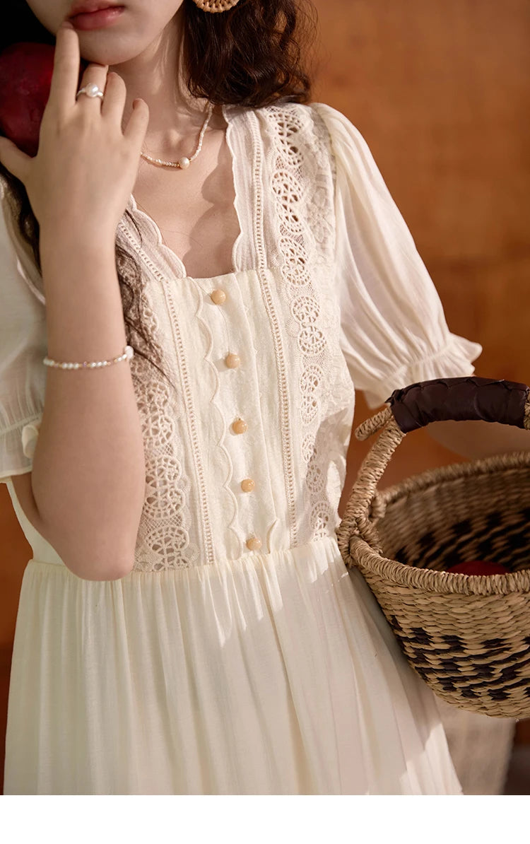 MISHOW Women's French Hollowed Out Embroidery Dress 2024 Summer Elegant Slim Fairycore Dress Waist Mid Length Dresses MXD31L1981