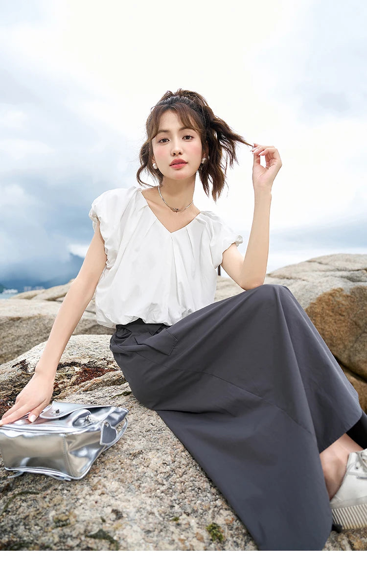 MISHOW Soft Blouses for Women 2025 Summer French Rear Collar Tie Up Solid Short Sleeve Solid V Neck Puff Sleeve Tops MXC38X1275