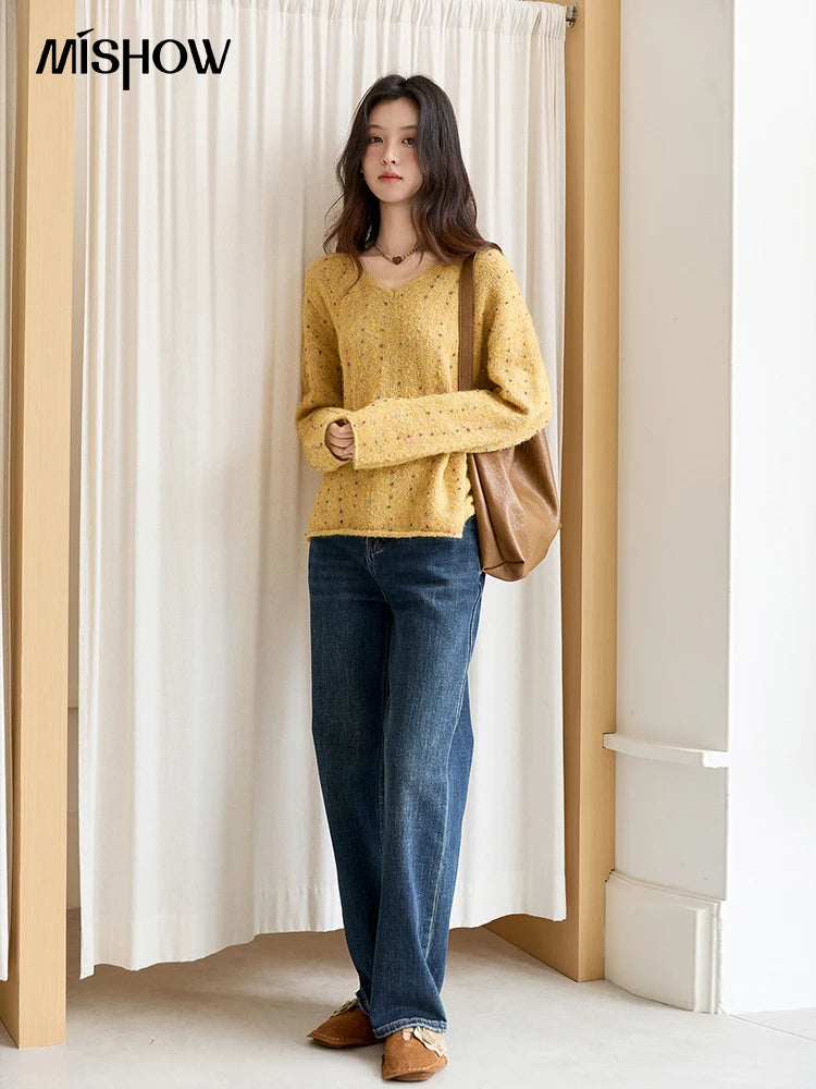 MISHOW Women Long Sleeve Tops 2025 Autumn Retro Yellow Sequins V-neck Sweater Knitted Comfortable Casual Pulllovers MXE47Z2572