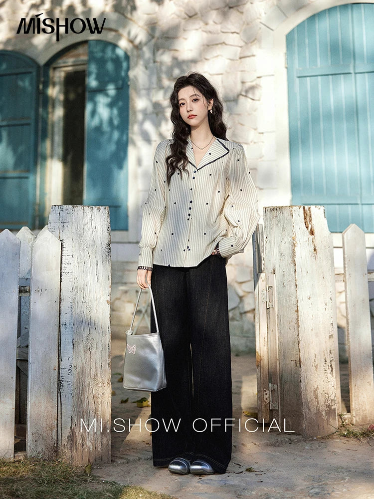 MISHOW Striped Bubble Sleeve Shirt for Women 2025 Spring French Retro Love Embroidered Top 100 Cotton V-neck Shirts MXE12C0390