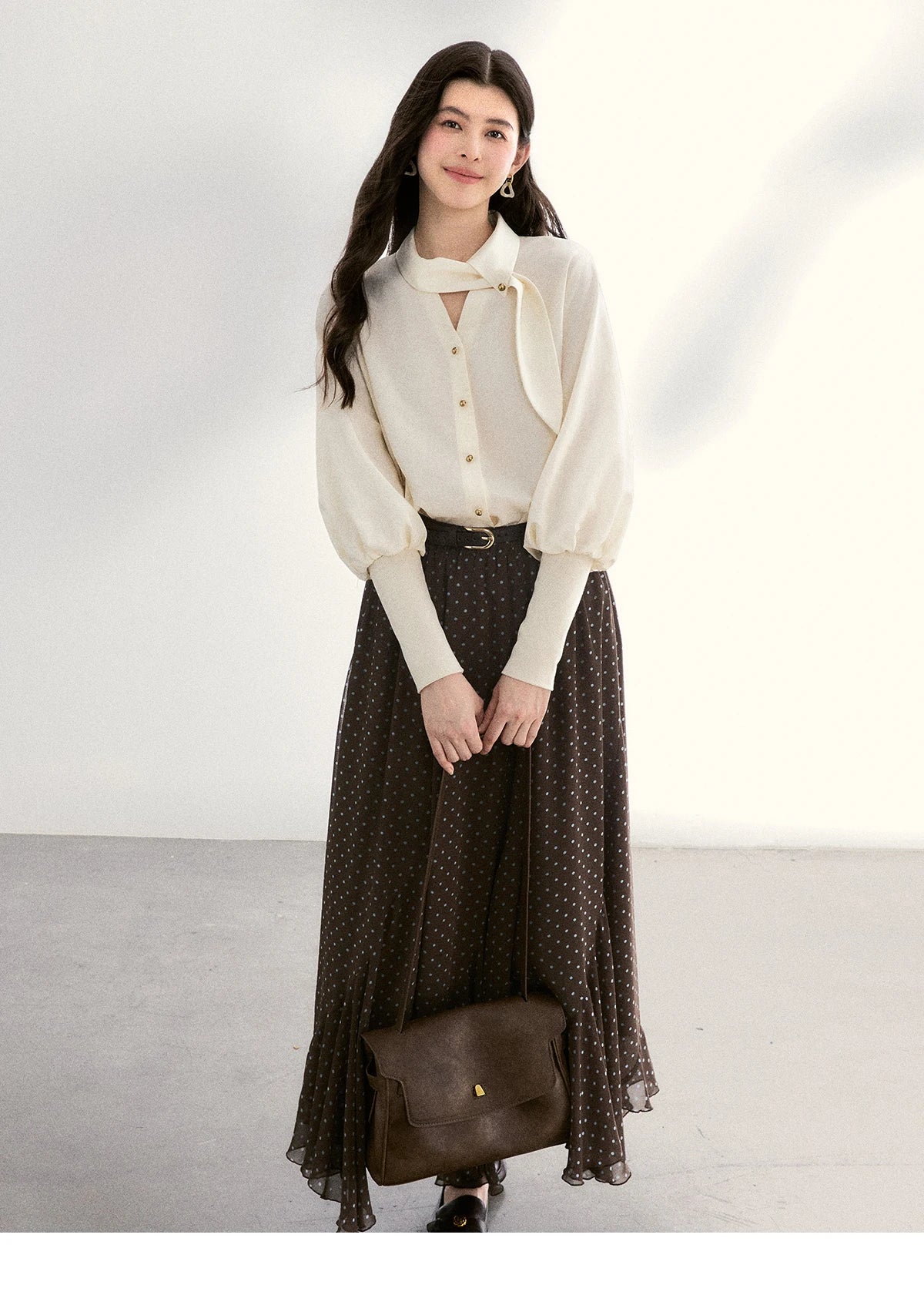 MISHOW Women's Tie Neck Shirts Spring Hollow-out Knitted Patchwork Puff Sleeve Tops Casual Elegant Shirt Office Lady MXF108C0812