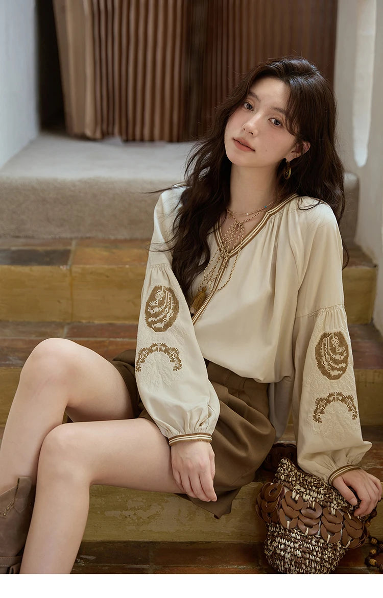 MISHOW Autumn Apricot Embroidered Blouses 2025 Contrasting Tassels Lace Up Blouses Lantern Sleeves Loose Vintage Top MXE41X1940