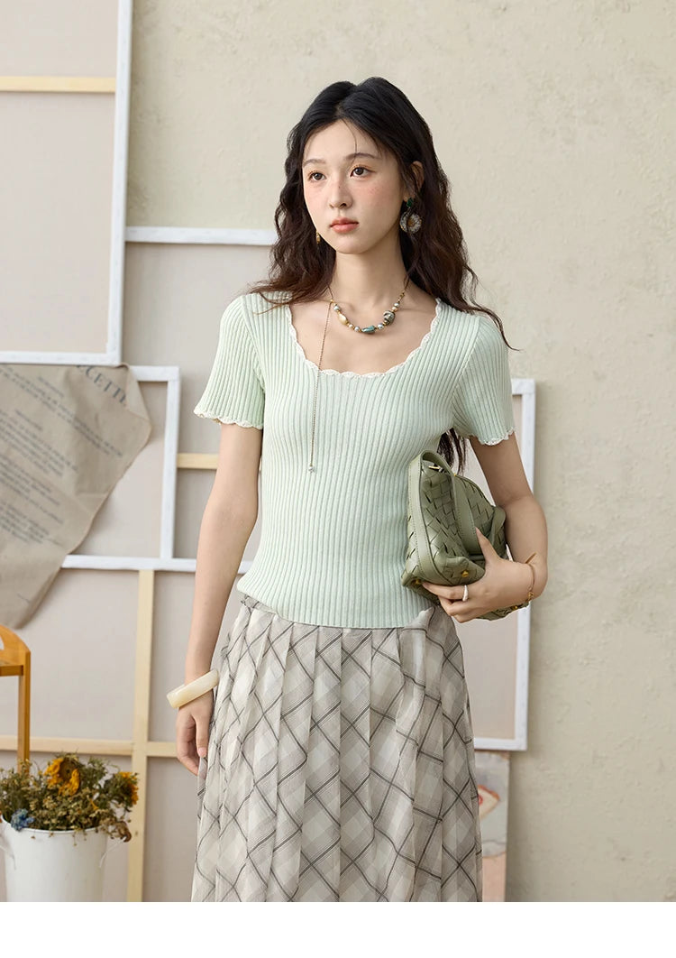 MISHOW Apricot Green Retro Plaid Skirt for Women Summer 2025 Pleated Chiffon High Waist Elegant Slim A-line Skirts MXE35B0747
