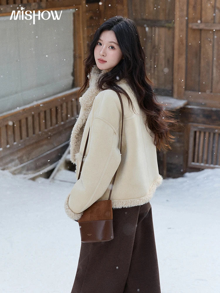 MISHOW Women's Cream Yellow Faux Suede Coat 2025 Winter Included Scarf Thickened Coats Soft Fleece Lined Outerwear MXE91W1019