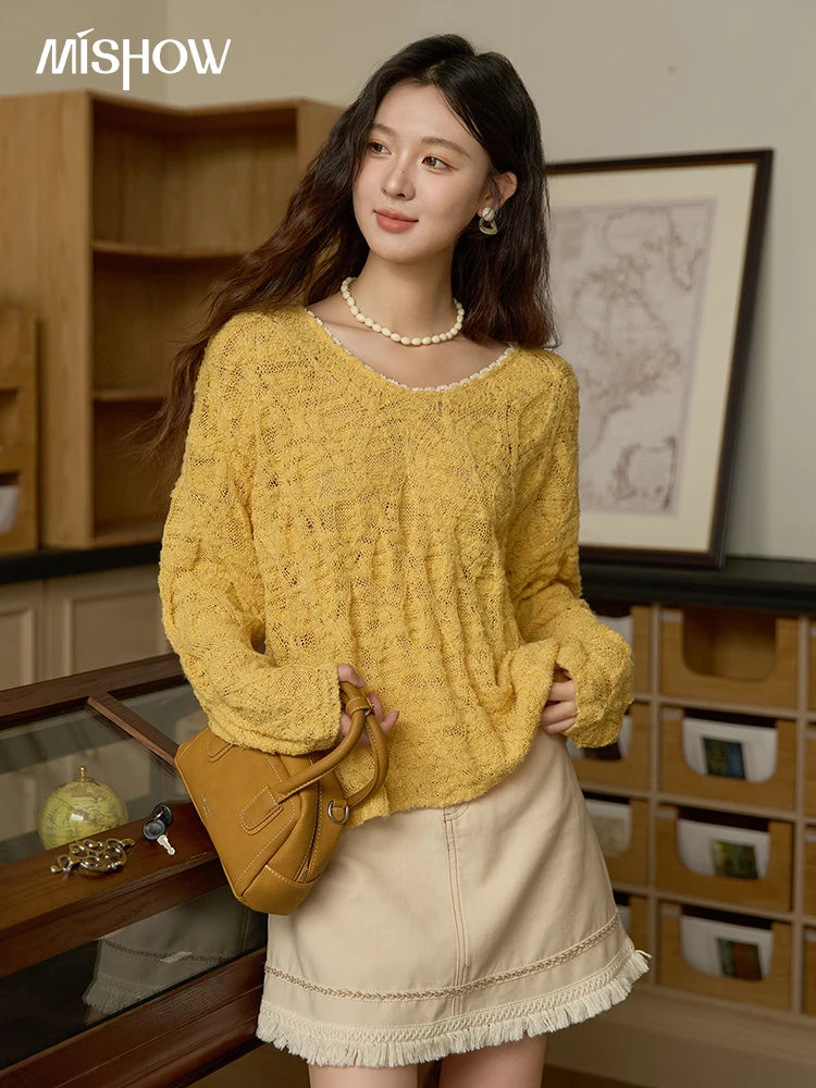MISHOW Bamboo Loop Yarn Knitted Sweater for Women Autumn 2025 Hollow V-neck Lace Sweater Casual Solid Pullovers Tops MXE43Z1349