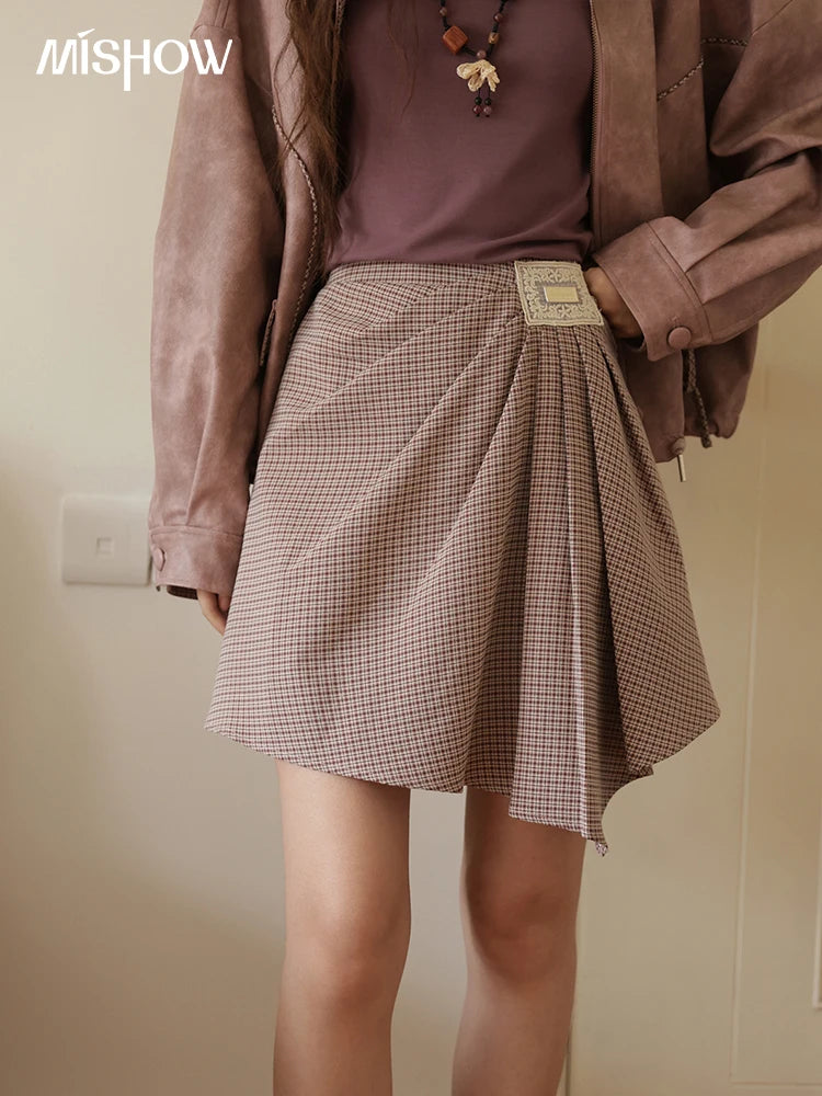 MISHOW Purple Plaid Short Skirt for Women Autumn 2025 Asymmetrical Patch Skirts Back Elastic Waist A-line Short Skirt MXE45B2411