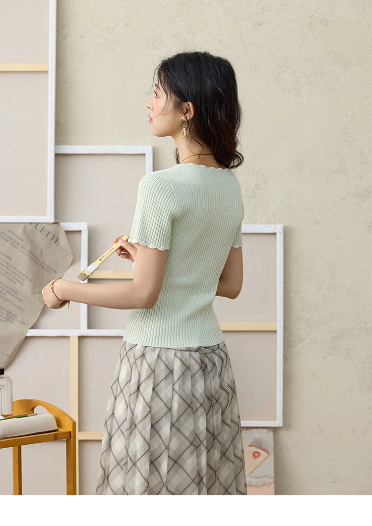 MISHOW Office Lady Summer Sweater Women 2025 New Solid Short Sleeve Lace Collar Contrast Color Hook Design Tops Slim MXE33Z1218