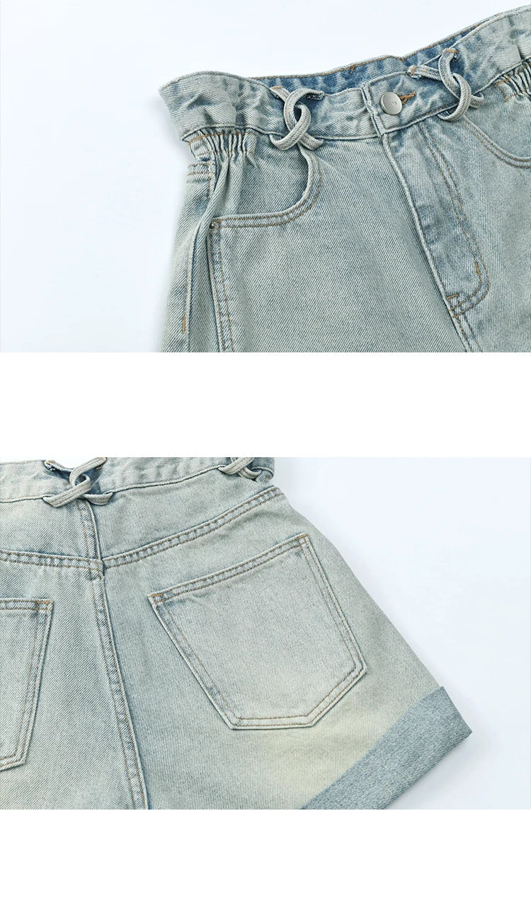 MISHOW Retro Light Blue Denim Shorts for Women Summer 2025 Fashion High Waist Washed Button Zipper Wide Leg Shorts MXE35K0944