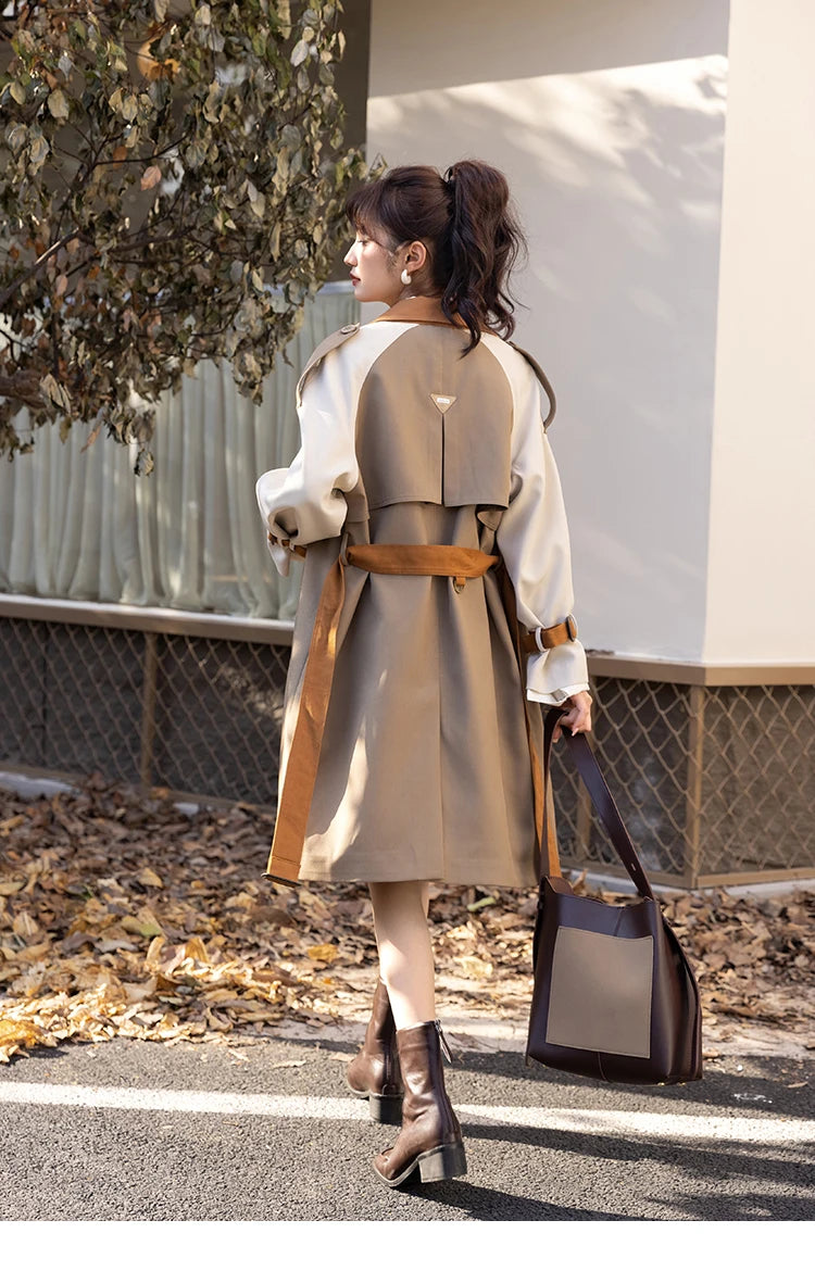 MISHOW Autumn Women's Khaki Trench Contrast Color Woman Clothes Spliced Turn-down Collar All-match Casual Jacket MXB31W0367