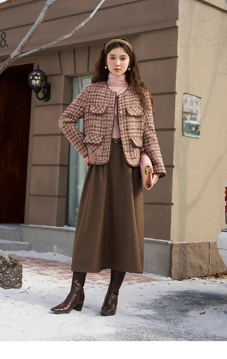 MISHOW Tweed Jacket for Women Luxury 2025 Winter Wool Blend Thick Coat High Quality Fashion Crew Neck Outerwear Top MXC57Y0021
