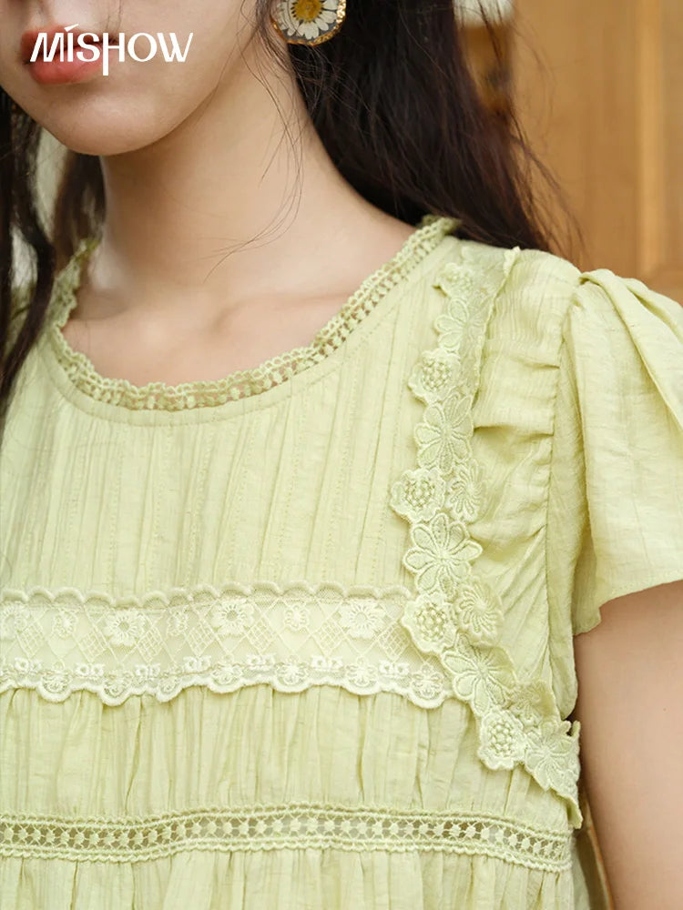 MISHOW Women's Fashion Round Neck Blouse 2025 Summer New Short Sleeve Mushroom Edge Lace Decoration Female Casual Top MXE39X1887