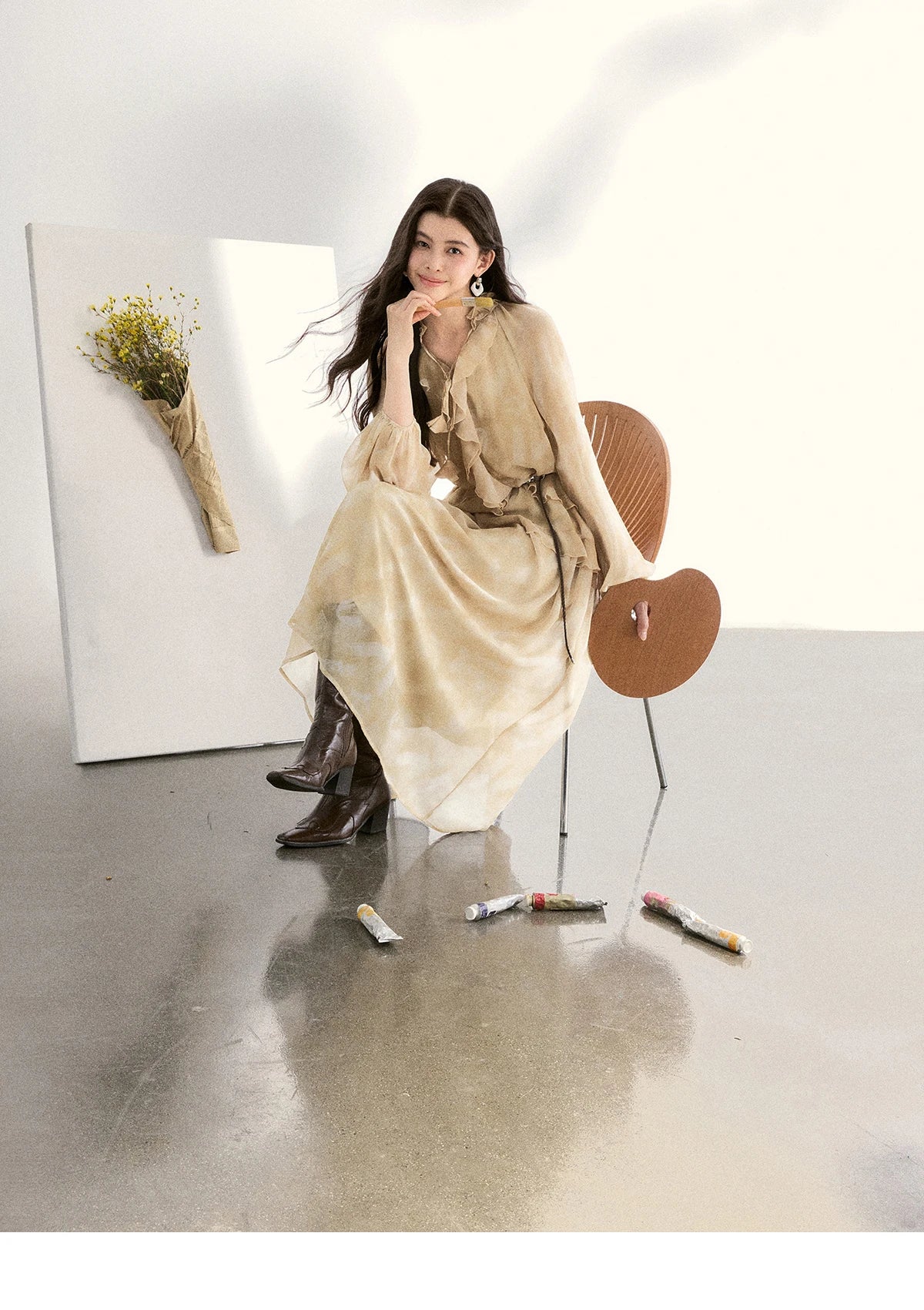 MISHOW Light Yellow Chiffon Maxi Dress 2026 Spring V-Neck Ruffled Belted Floral Print Casual Long Sleeve Dresses MXF11L2554