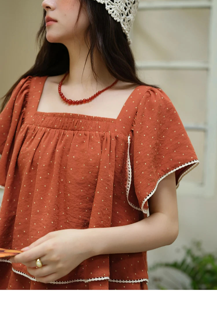 MISHOW Women's Polka Dot Blouse 2025 Summer Square Neck Lace Spliced Double Layered Ruffled Red Top Women's Clothing MXE37X1857