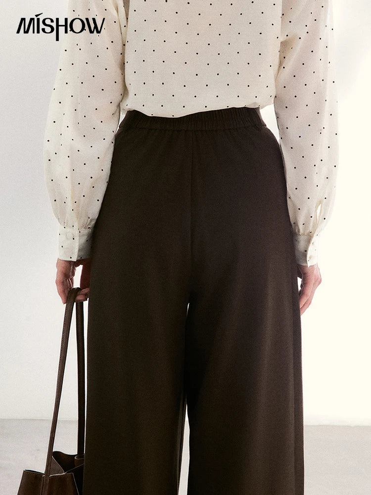 MISHOW Women's Dark Brown Wide Leg Pants 2026 Spring High Waist Pleated Pants Back Elastic Waist Casual Trousers MXF108K1010