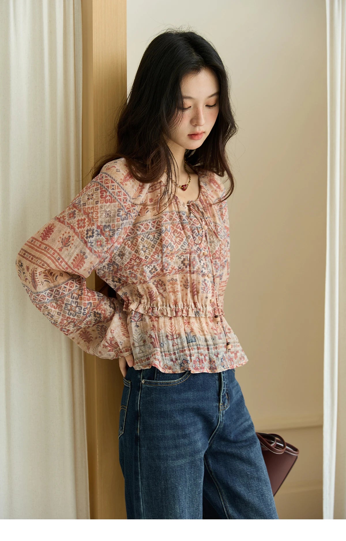 MISHOW Blouse Women 2025 National Style Printed Waist Round Neck Long-sleeved Top Commute Comfortable Autumn Blouse MXE47X2508