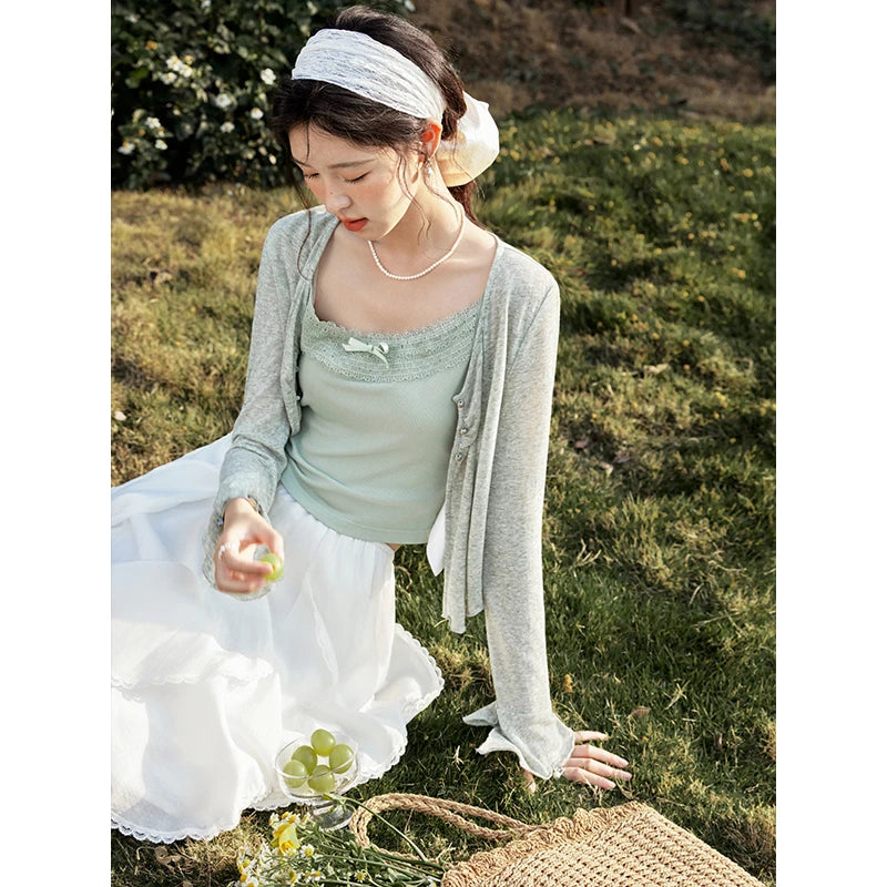 MISHOW Light Green Camisole Knit Cardigan Two-piece Set Spring Summer 2025 Lace Bow Camisole V-neck Cardigan Sets MXE15T0504