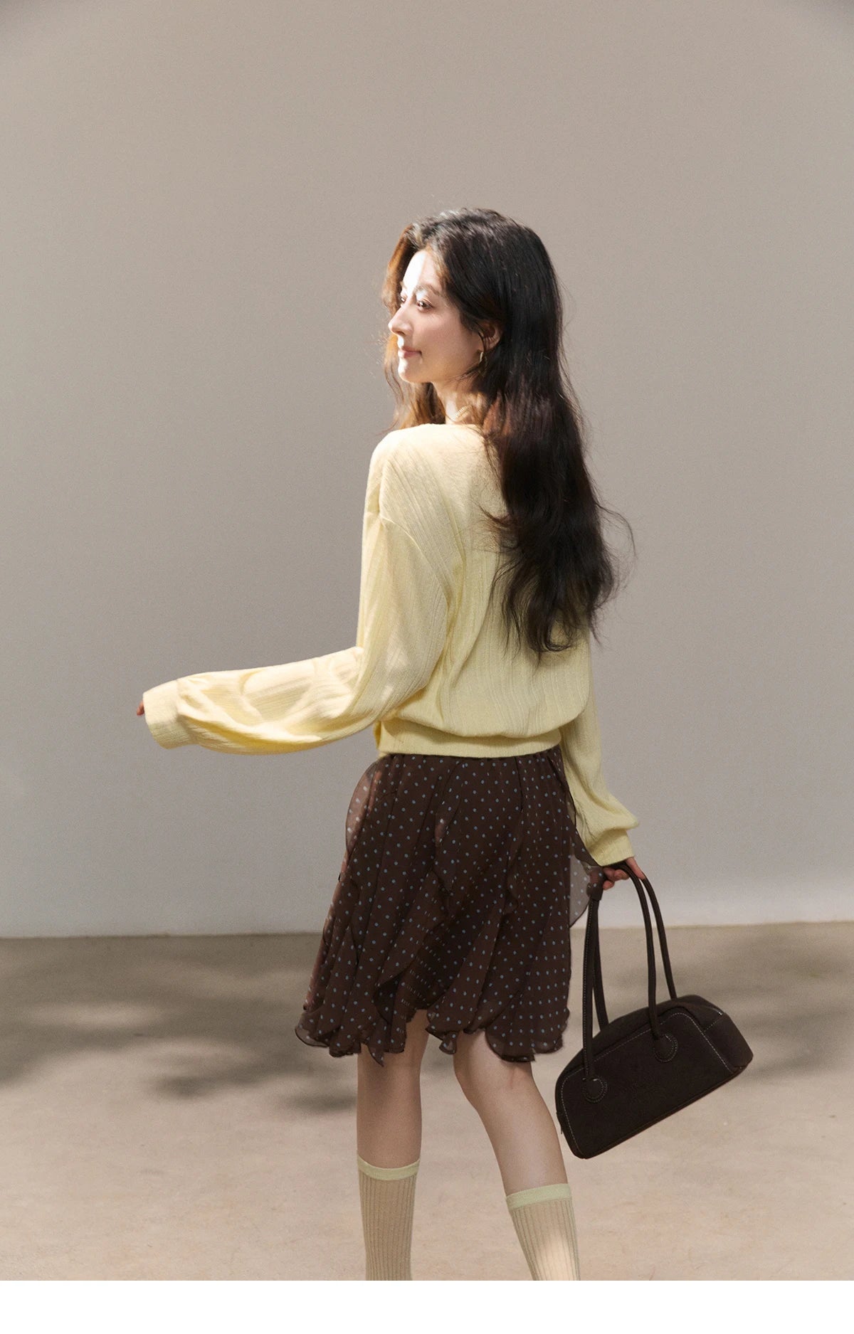 MISHOW Women's Lemon Yellow Two-Piece Set Spring Knitted Lantern Sleeve Pullover Tops Strap Lace Edge Camisole Set MXF13T1513