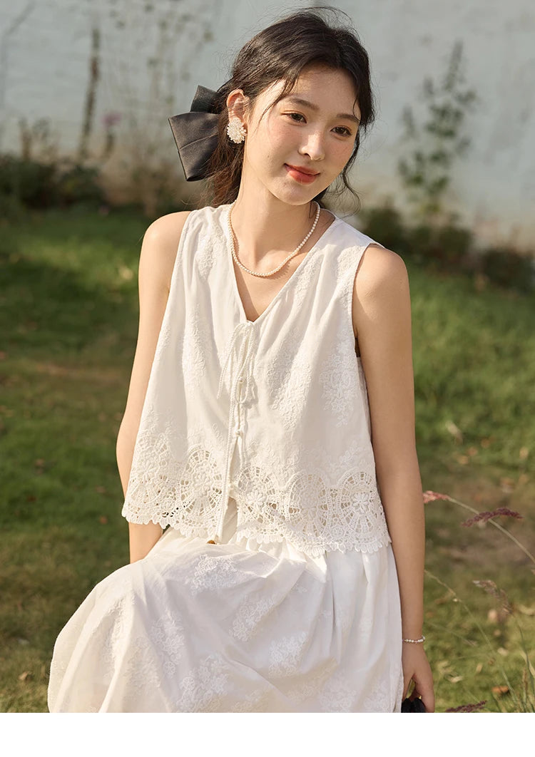 MISHOW 2 Pieces Set Woman Embroidery V-neck Hollow Lace Up Sleeveless Top Summer 2025 Slim Elastic Waist Skirt Set MXE33T0593