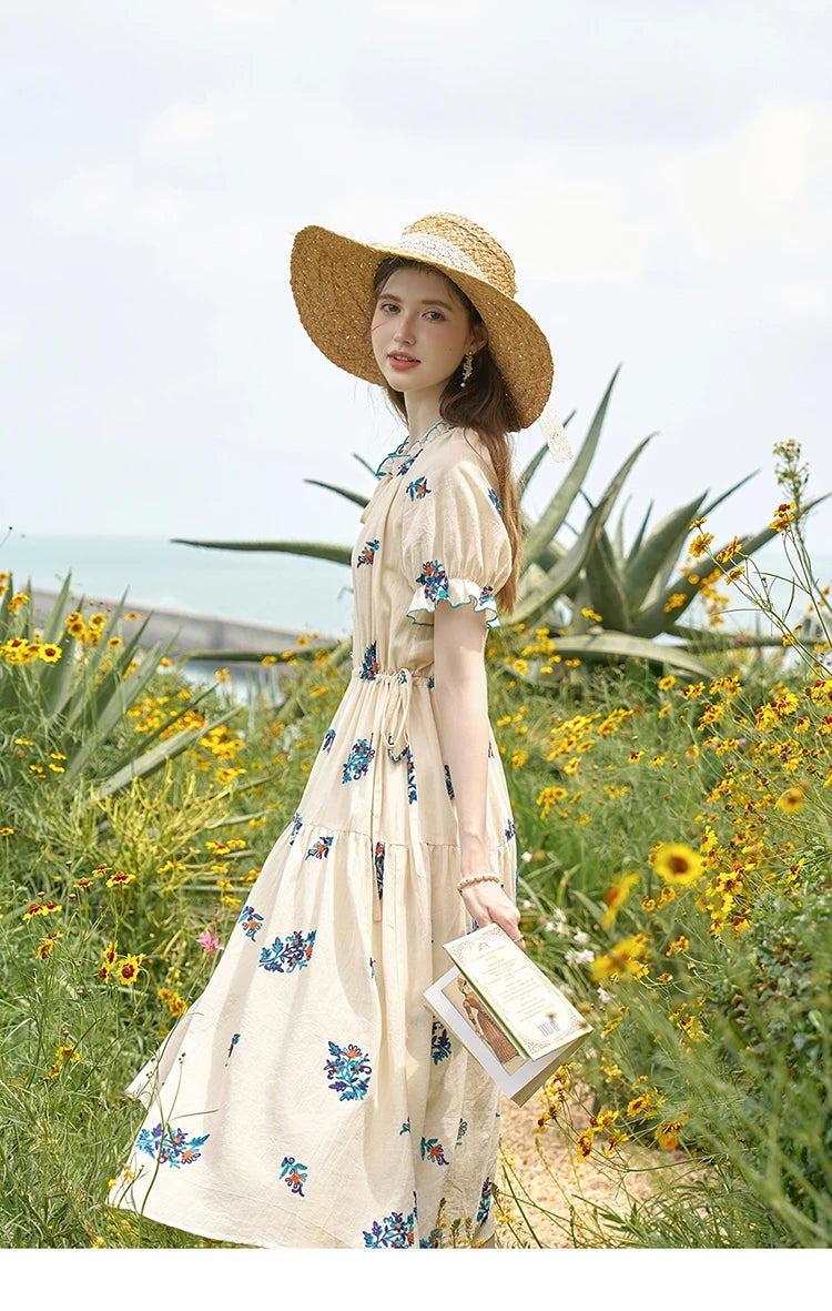 MISHOW French Romantic Dress 2024 Summer Women Embroidered Flower Fairycore Dresses Elastic Waist Drawstring Dress MXD24L1835