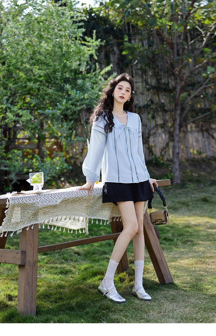 MISHOW French Sweet Loose Blue Shirt for Women 2025 Spring Summer V-neck Lace-up Hollow Doll Shirt Lantern Sleeve Top MXE12C0411