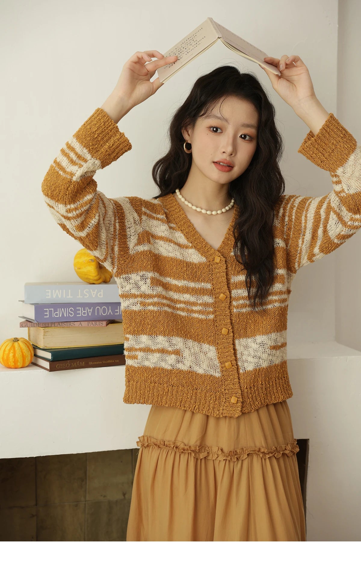 MISHOW Women's Striped Cardigan 2025 Autumn New Retro Yellow V-neck Long Sleeves Single-breasted Short Sweater Coats MXE44Z2516