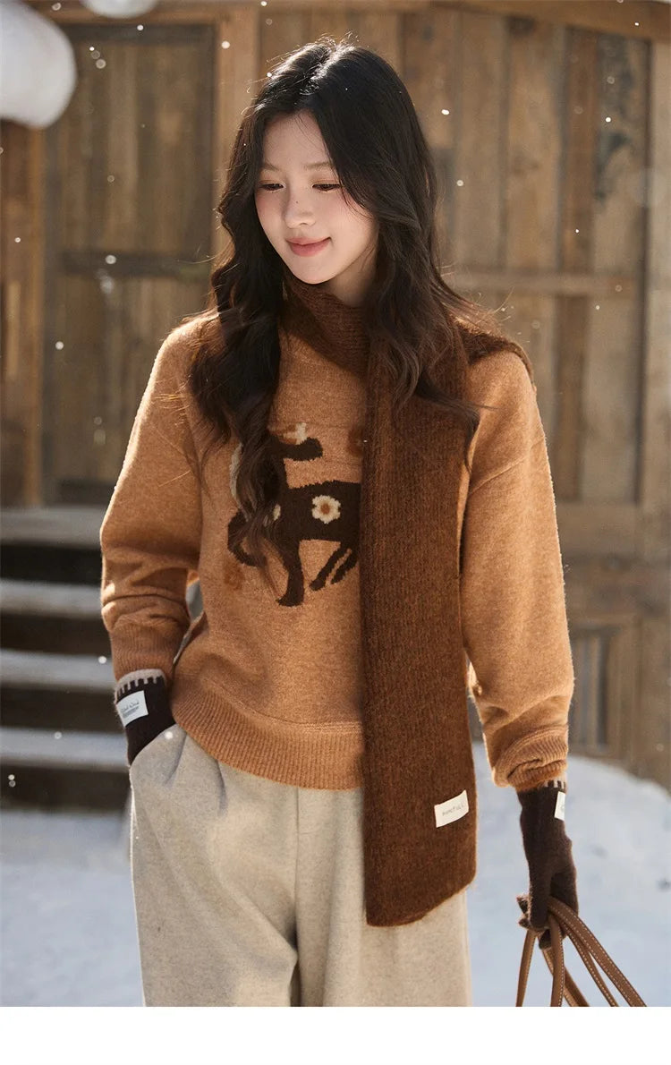 MISHOW Women's Horse Pattern Knit Sweater Winter Crew Neck Sweaters Collar Cuffs Splice Contrasting Faux Mink Fur Top MXE94Z2863