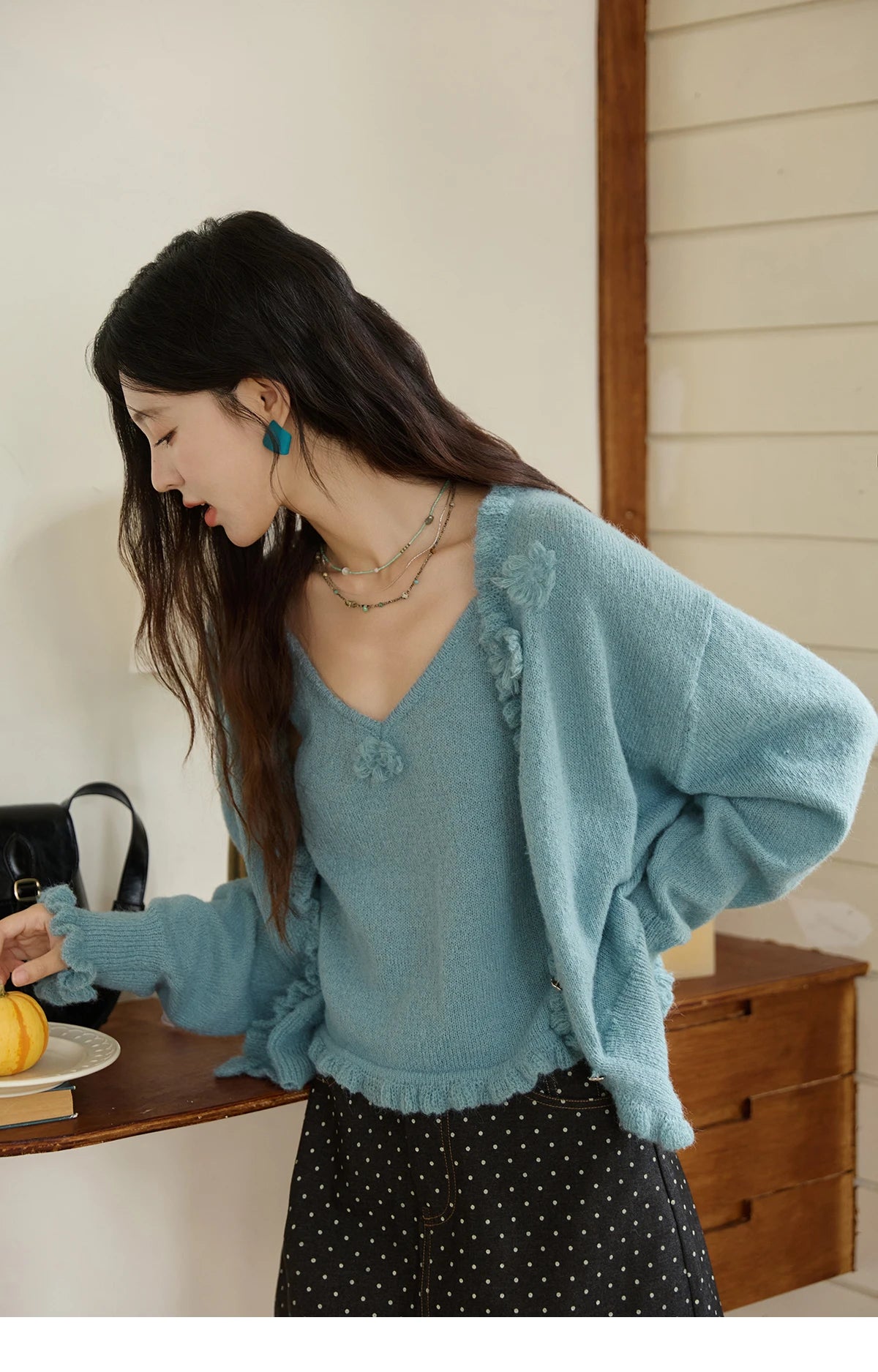 MISHOW Blue Knitted Cardigan Strap Two Piece Set 2025 Autumn Sweater Cardigan Lotus Leaf Edge Flower V-neck Camis Set MXE45T1377