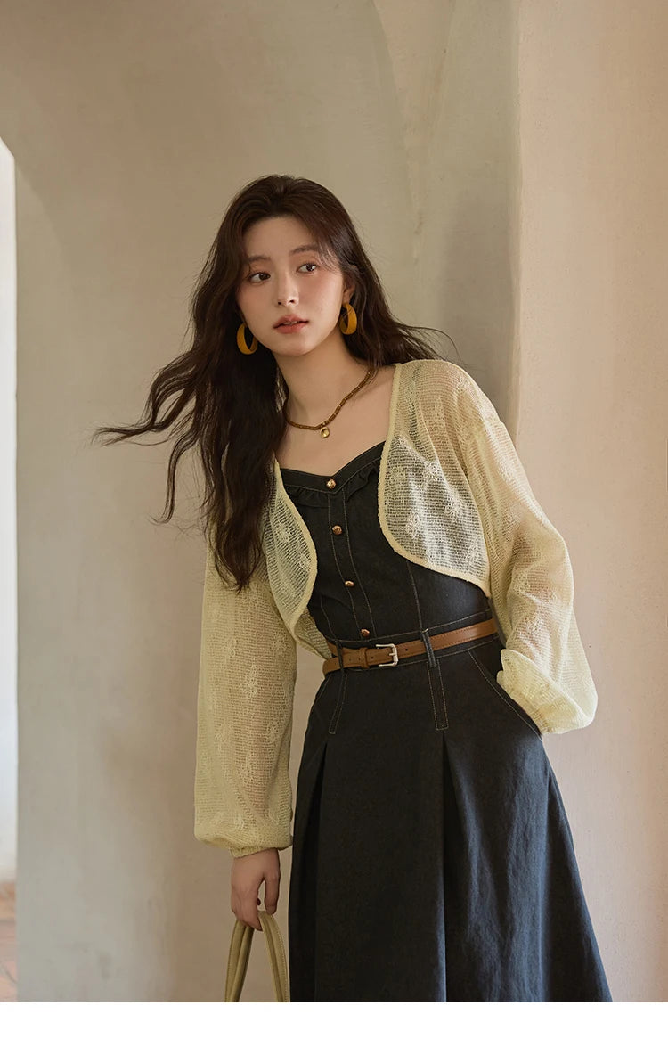 MISHOW Women's Two-Piece Set 2025 Lantern Sleeves Knitted Cardigan Imitation Denim Strap Dress Set With Belt Included MXE41T0704