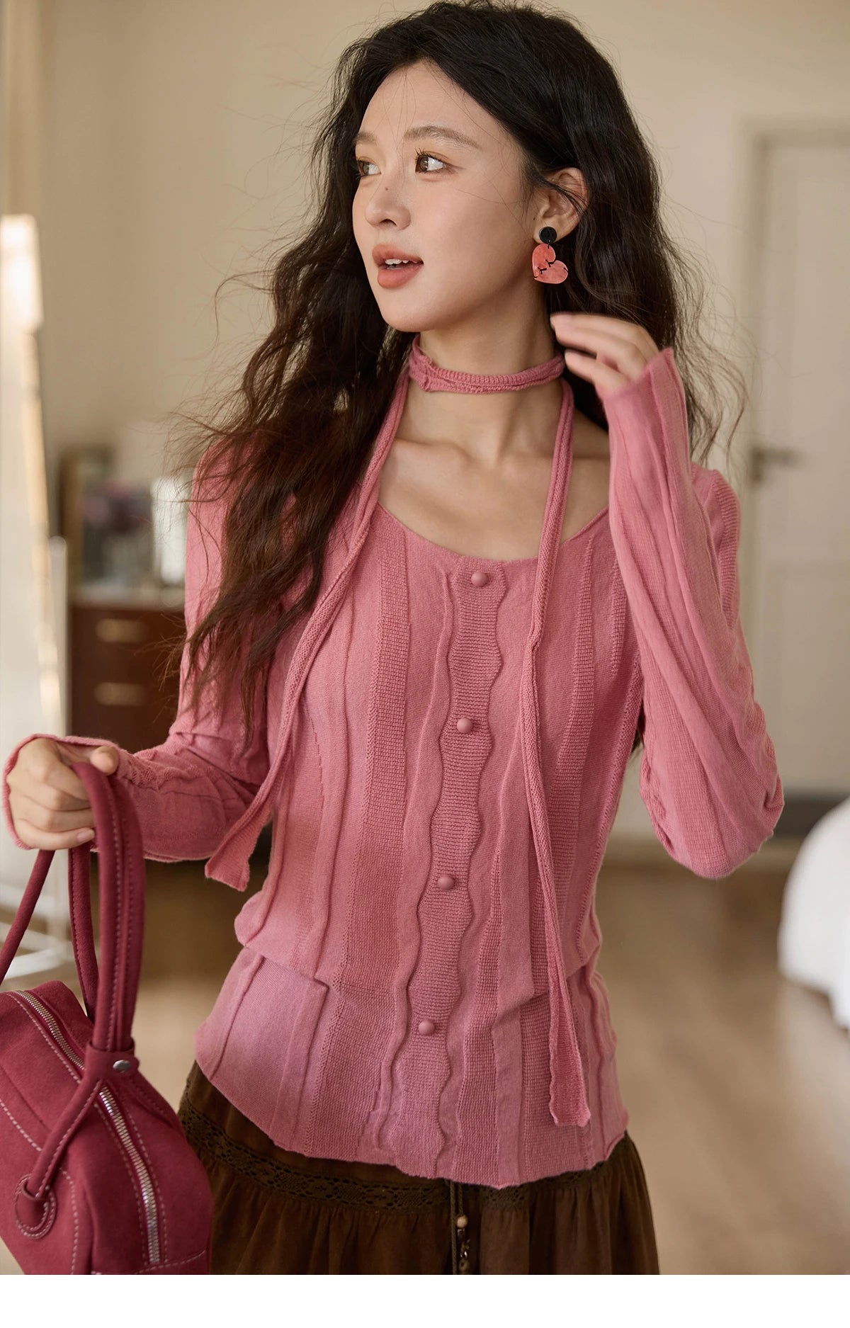 MISHOW Women's Wool Blend Knitted Top 2025 Autumn French Slim Scoop Neck with Draped Tie Soft Solid Pullover Top MXE42Z1322