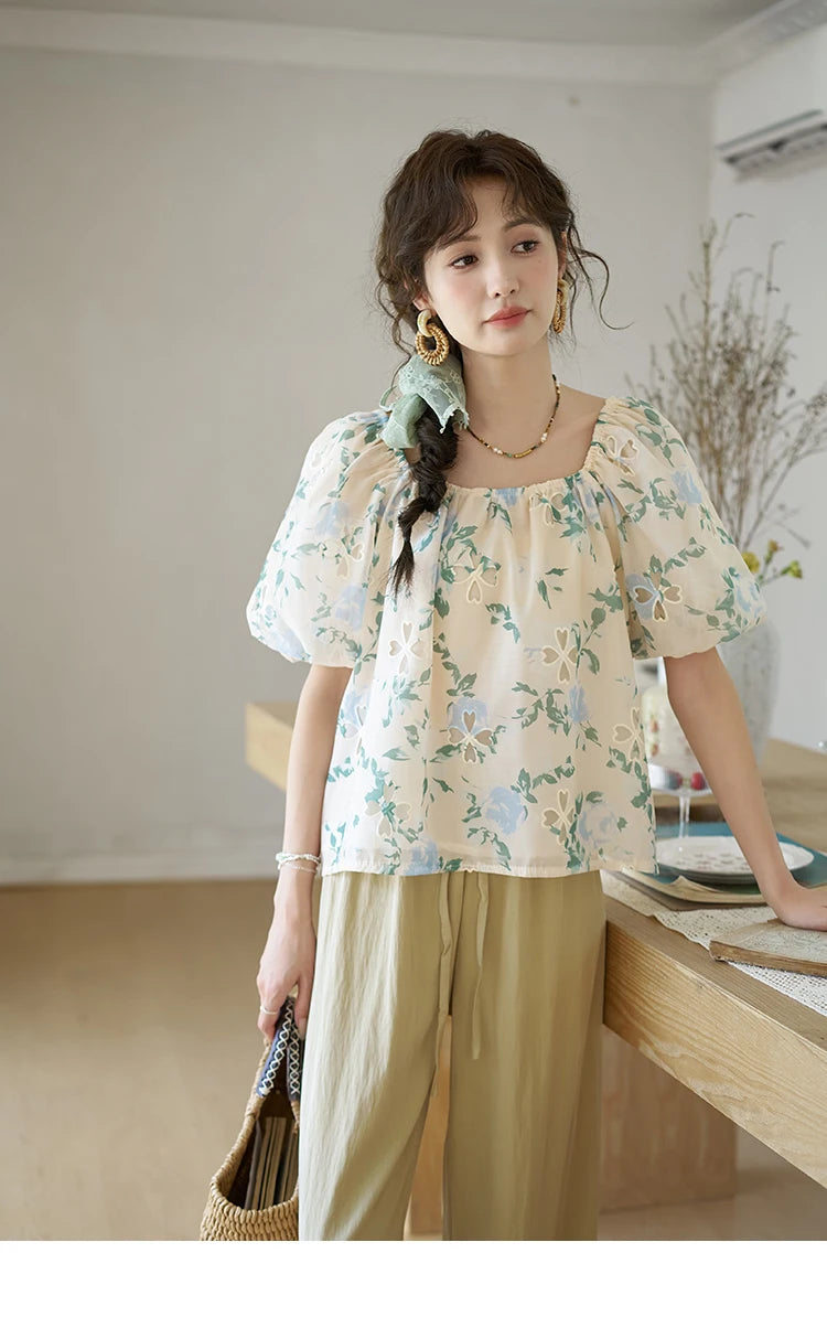 MISHOW Floral Hollow Blouse for Women 2024 Summer Korean Square Collar Elastic Blouses Sweet Puff Sleeve Loose Tops MXD29X1602