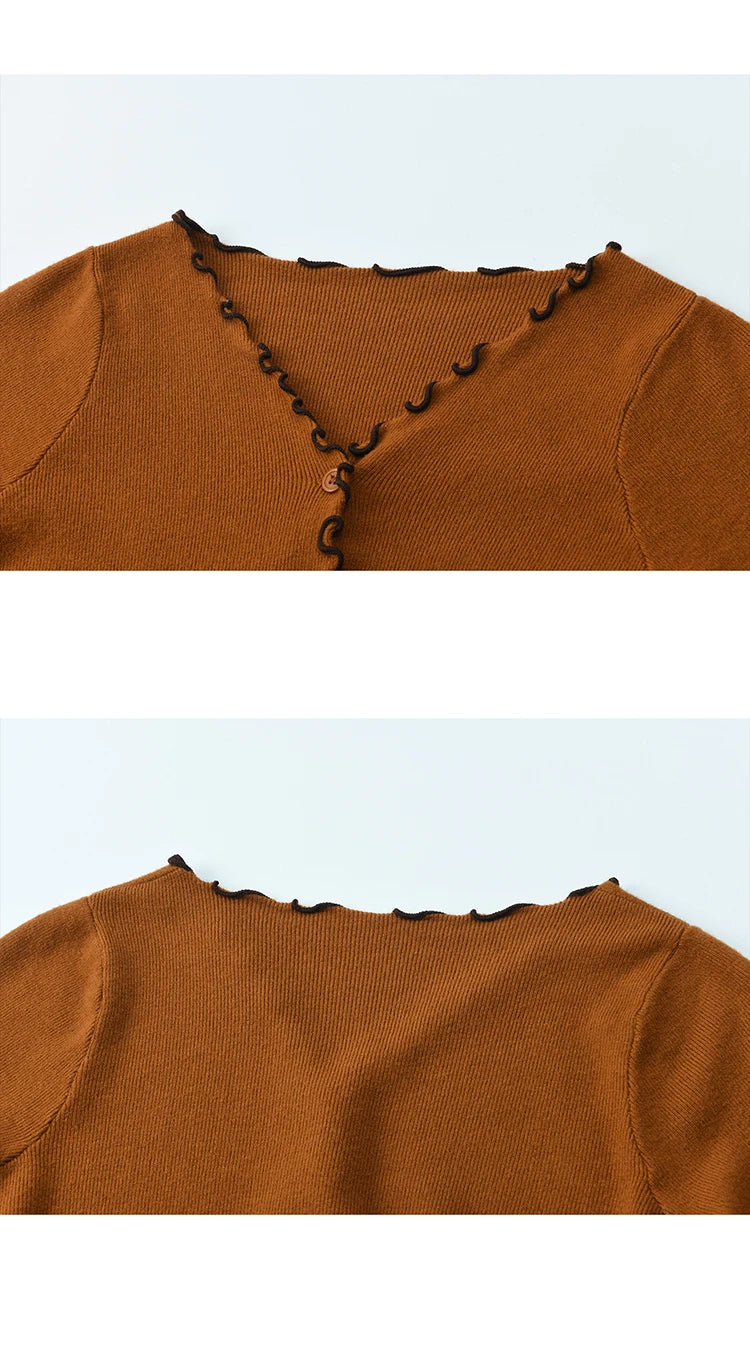 MISHOW New Ruffled Edge Knitted Pullovers for Woman 2025 Retro Slim V-neck Ribbon Knit Top Cmfortable Winter Clothes MXE86Z2728