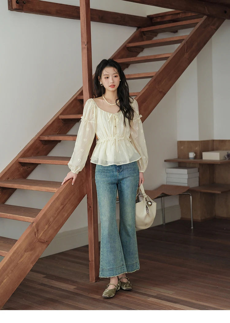 MISHOW Women's Fashion Cashew Flower Embroidered Blouse 2025 Autumn V-neck Lace Up Puff Sleeve Ladies Elegant Top MXE41X1945