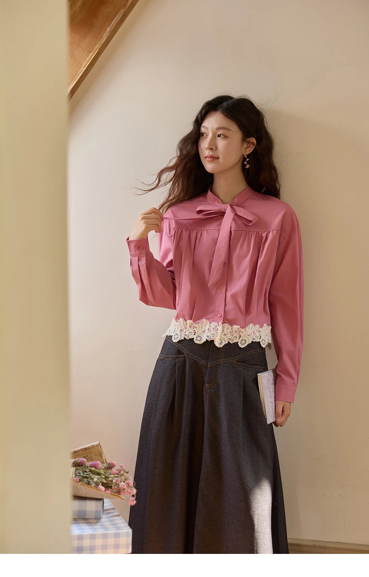 MISHOW Women's Rose Red Stand Collar Shirt 2025 Autumn Bow Tie Hem Splicing Lace Tops Elegant Shirts Office Lady MXE43C2380