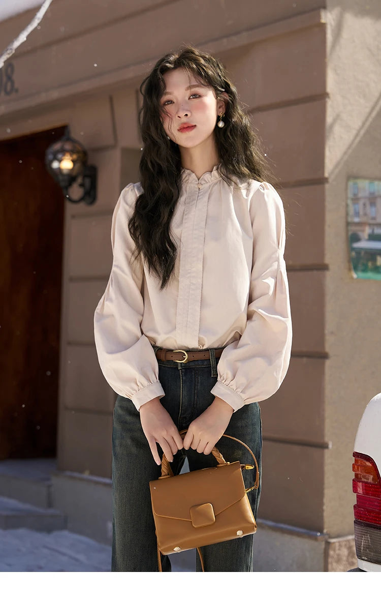 MISHOW French Autumn Winter Button Up Lantern Long Sleeve Shirts Women Ruffle Neck Thick Warm Blouse Flannel Shirt MXC56X1320