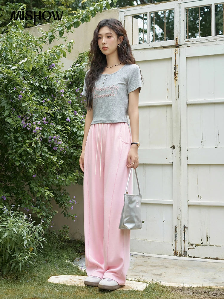 MISHOW Waffle Texture Fabric Loose Versatile Pants Summer Pocket Embroidered Elastic Waist Drawstring Casual Trouser MXD14K0608