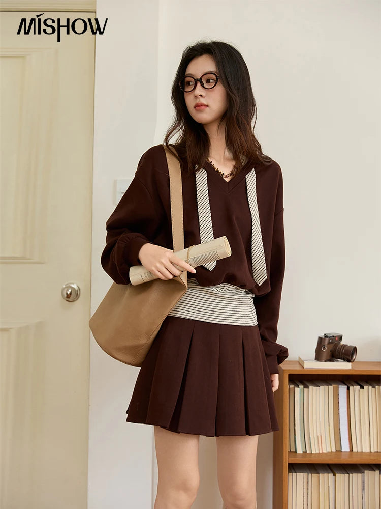MISHOW Woman Suits 2025 Autumn Retro Brown V-Neck Sweatshirt Pleated Skirt Suit Striped Waist Belt Casual Two-piece MXE47T1415