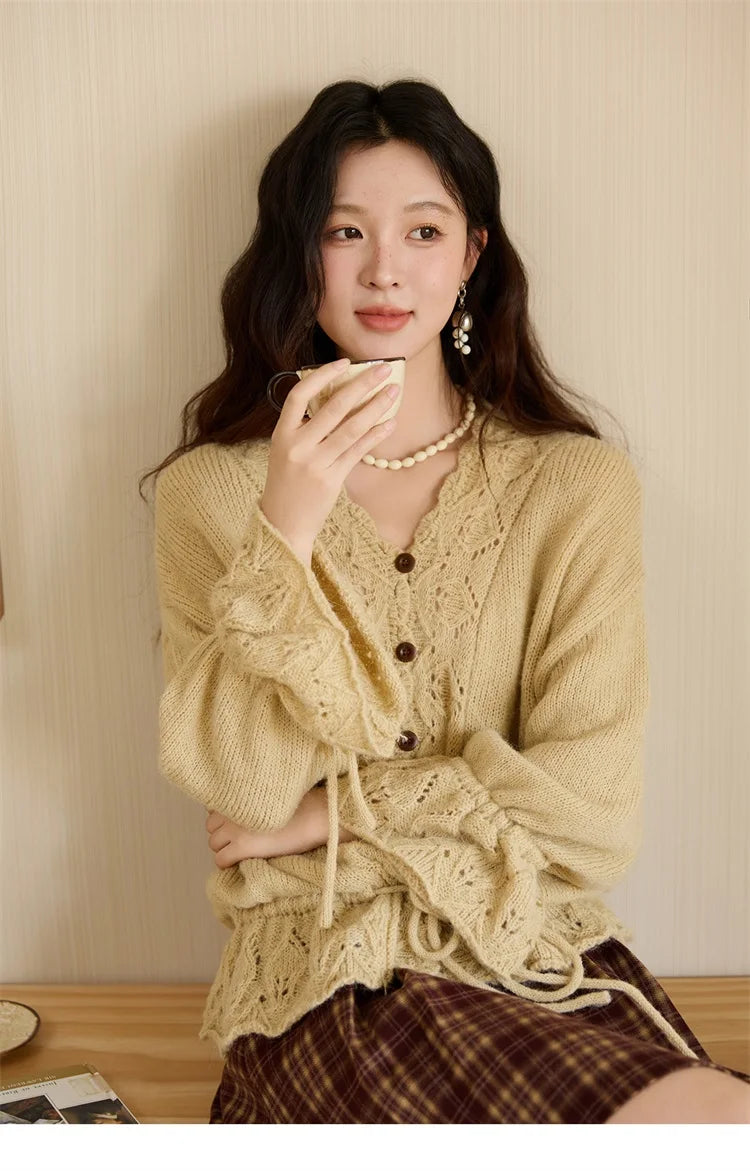 MISHOW Handmade Crochet Sweater Cardigan Autumn Mohair Flare Sleeve Knitted Tops Wave V-neck Lace-up Waist Sweater MXE47Z2513