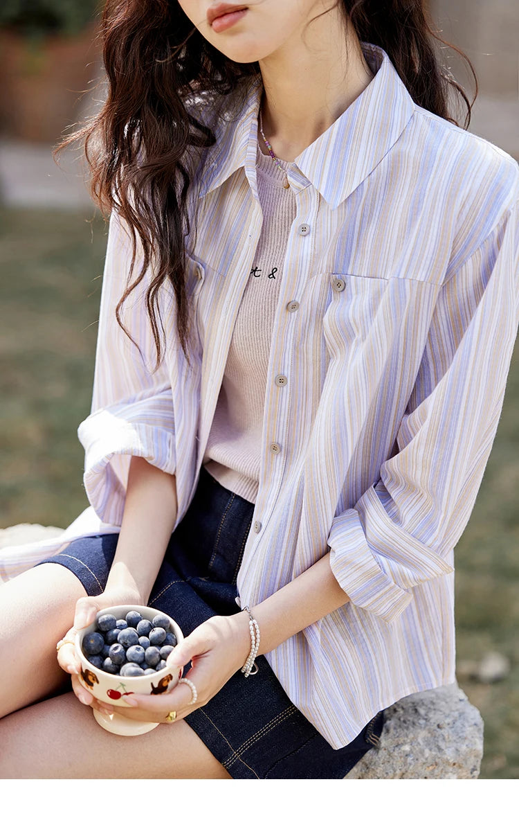 MISHOW Purple Striped Loose Shoulder Shirt for Women 2025 Casual Turn-down Collar Top Single Breasted Commuting Shirt MXE13C0407